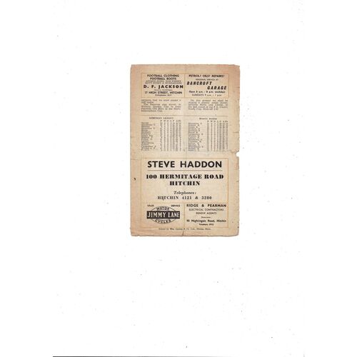 Hitchin Town v Millwall FA Cup Football Programme 1958/59