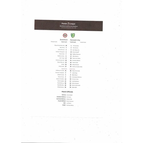 2021/22 Brentford v Norwich City Official Football Programme + Team Sheet