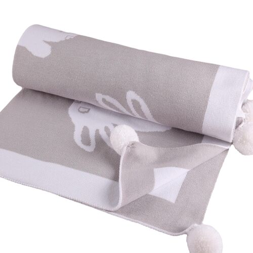 Bunny Blanket with White Pompoms - Grey
