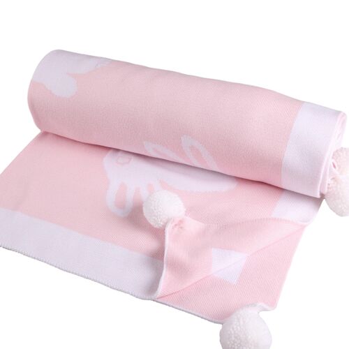 Bunny Blanket with Pompoms - Pink