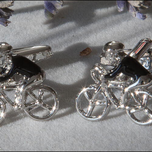 Stainless Steel Bicycle Rider Cufflinks – Black Jersey & Polished Helmet