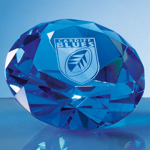 Optical Crystal Blue Diamond Paperweight - 10cm