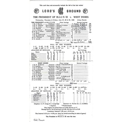 1966 The President of M.C.C's XI v West Indies (27-29/07/1966) Tour Match Cricket Scorecard