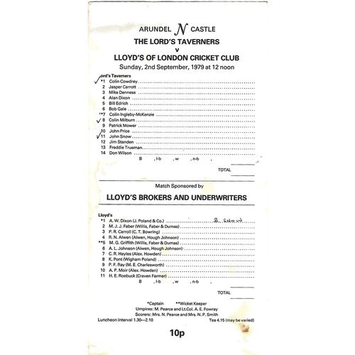 1979 Lloyd's Cricket Club v Lords Taverners (02/09/1979) Charity Cricket Match Programme & Scorecard