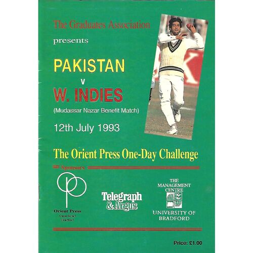1993 Pakistan v West Indies The Orient Press One-Day Challenge (Mudassar Nazar Benefit) (12/07/1993) Cricket Match Programme