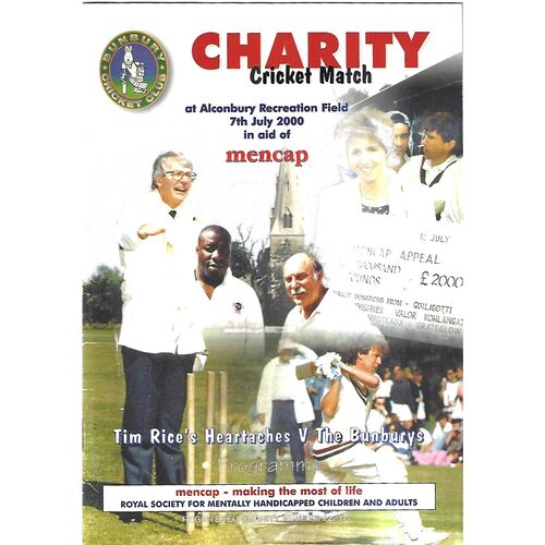 2000 Tim Rice's Heartaches v The Bunburys (07/07/2000) Charity Cricket Match Programme