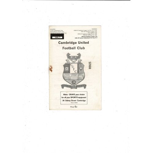 1966/67 Cambridge United v Chelmsford City Floodlight League Football Programme