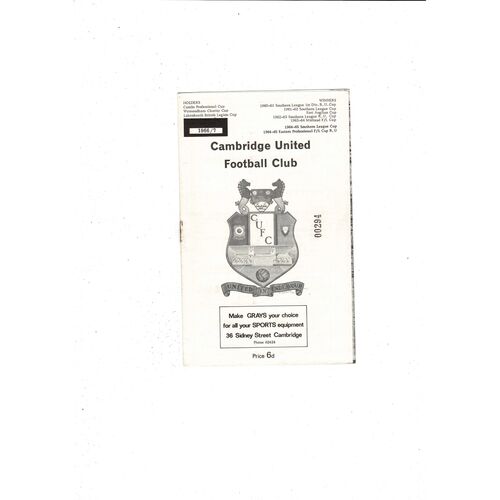 1966/67 Cambridge United v Brentwood Town Floodlight League Football Programme