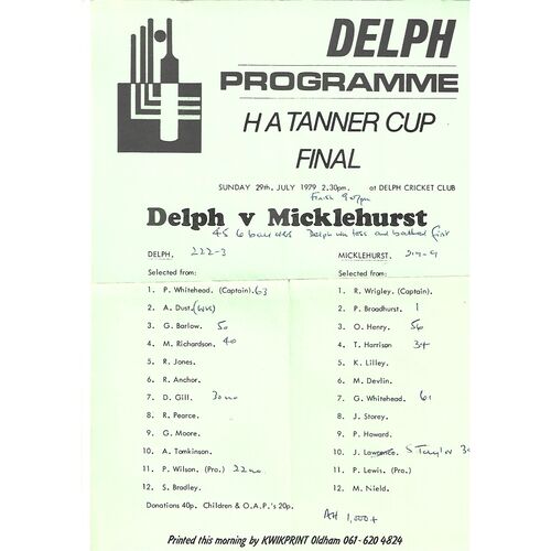 HA Tanner Cup Final Cricket Programmes/Scorecards