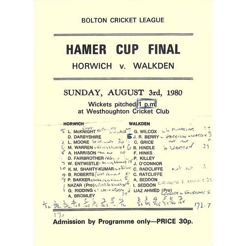 Hamer Cup Final Cricket Programmes/Scorecards
