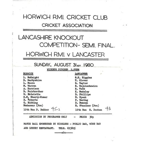 1980 Horwich v Lancaster Lancashire Knockout Competition Semi-Final (31/08/1980) Cricket Programme