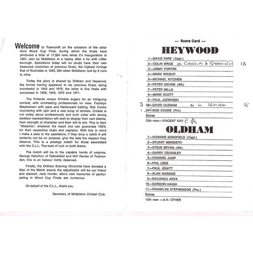 1983 Heywood v Oldham Wood Cup Final (31/07/1983) Cricket Programme/Scorecard