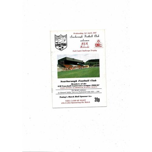 Scarborough v HJK Helsinki Friendly Football Programme 1986/87