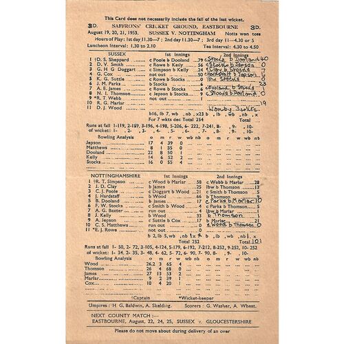 Nottinghamshire County Cricket Programmes/Scorecards