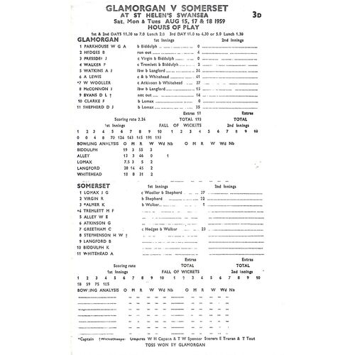 1959 Glamorgan v Somerset County Match (15, 17, 18/08/1959) Cricket Scorecard