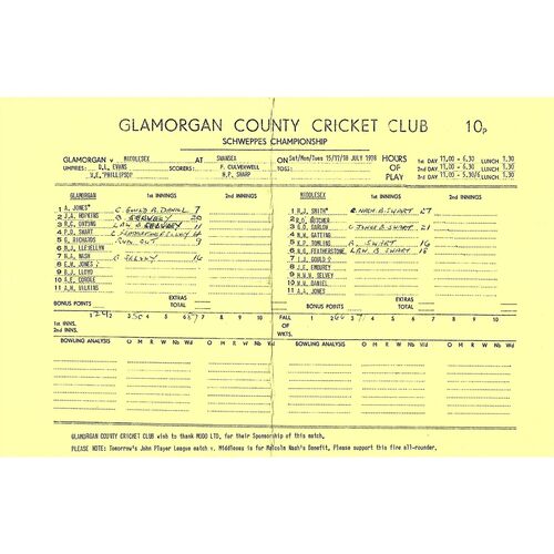 1978 Glamorgan v Middlesex County Match (15, 17, 18/07/1978) Cricket Scorecard