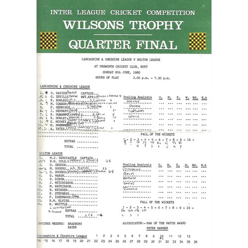 1980 Lancashire & Cheshire League v Bolton League Quarter Final Wilsons Trophy (08/06/1980) Cricket Scorecard