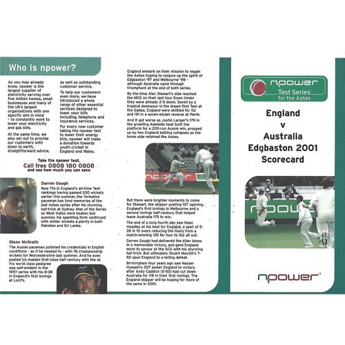 2001 England v Australia 1st npower Test (05-09/07/2001) Cricket Programme & Scorecard