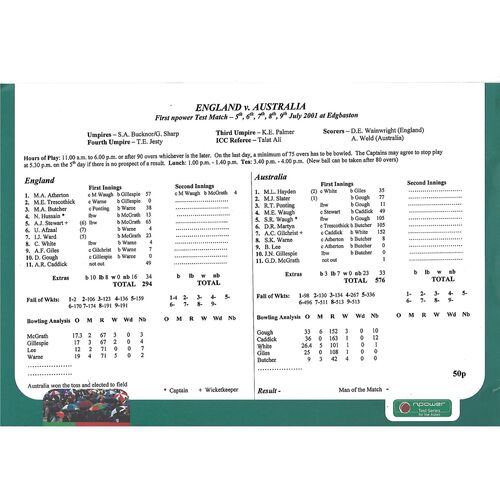 2001 England v Australia 1st npower Test (05-09/07/2001) Cricket Programme & Scorecard