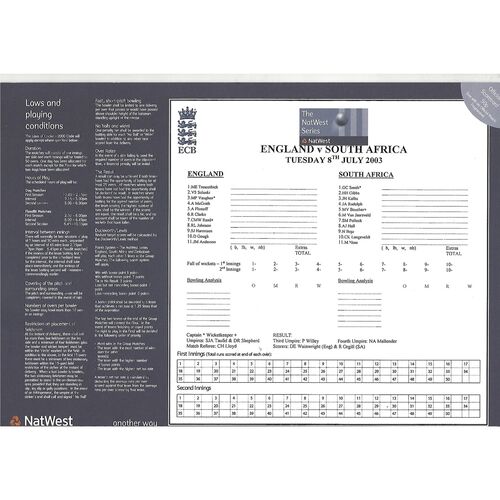 2003 England v South Africa The NatWest Series (08/07/2003) Cricket Programme & Scorecard