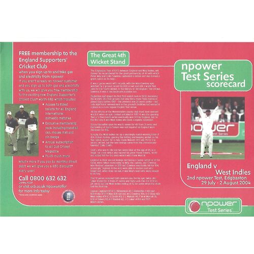 2004 England v West Indies 2nd npower Test (29/07-02/08/2004) Cricket Programme & Scorecard