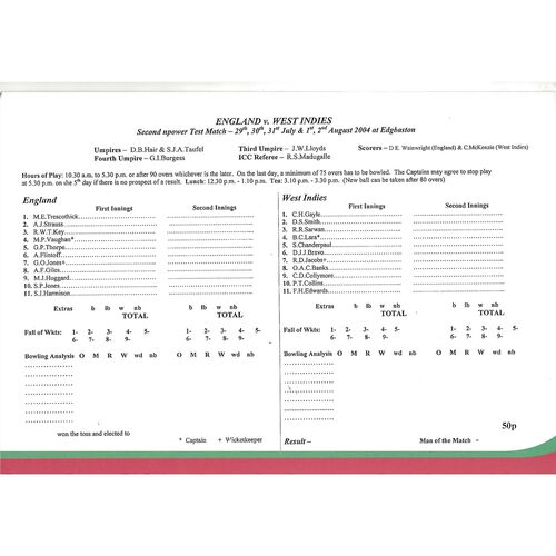 2004 England v West Indies 2nd npower Test (29/07-02/08/2004) Cricket Programme & Scorecard