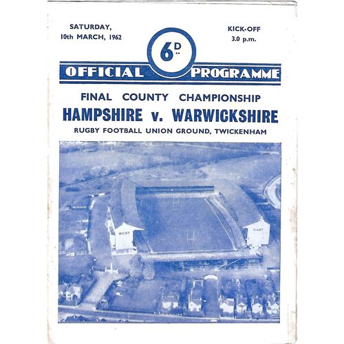 1962 Hampshire v Warwickshire Rugby Union County Championship Final (10/03/1962) Rugby Union Programme
