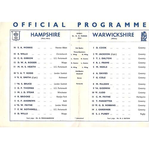 1962 Hampshire v Warwickshire Rugby Union County Championship Final (10/03/1962) Rugby Union Programme