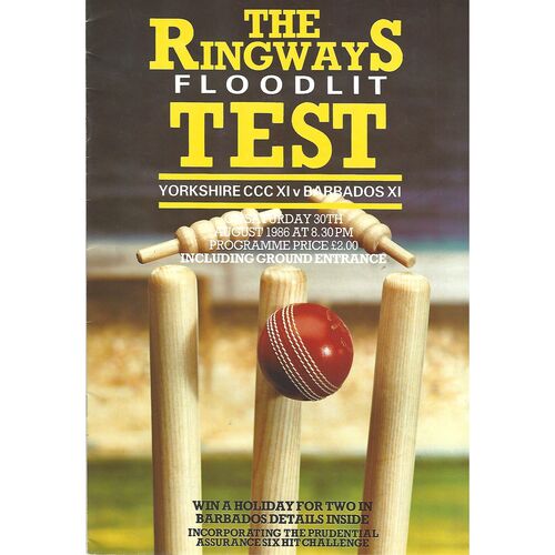 1986 Yorkshire v Barbados The Ringways Floodlit Test (30/08/1986) Cricket Programme