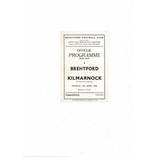 Brentford v Kilmarnock Friendly Football Programme 1958/59