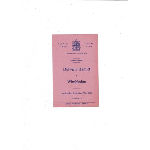 1963/64 Dulwich Hamlet v Wimbledon Football Programme