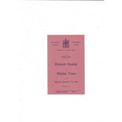 1965/66 Dulwich Hamlet v Hitchin Town Football Programme