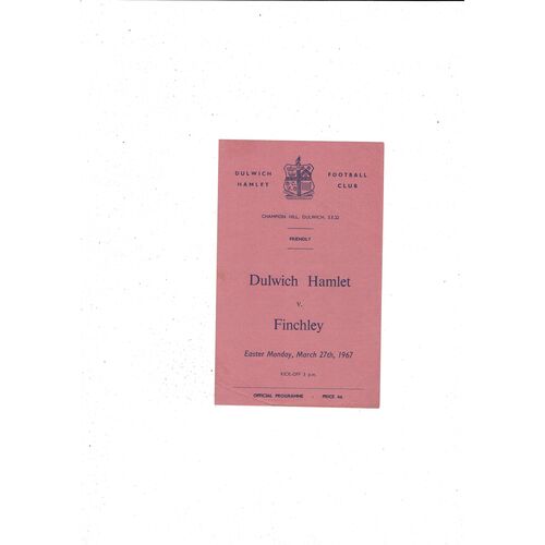 Dulwich Hamlet v Finchley Friendly Football Programme 1966/67