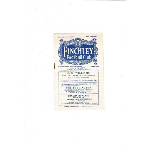 Finchley Home Football Programmes