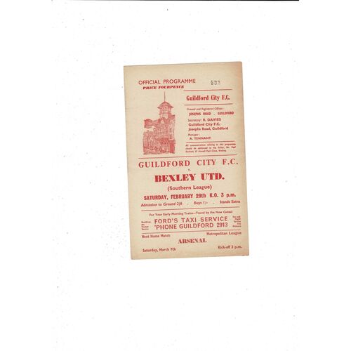 1963/64 Guildford City v Bexley United Football Programme