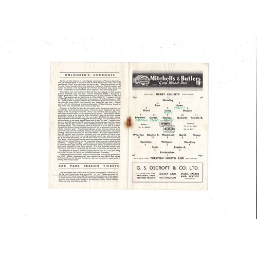 1946/47 Derby County v Preston Football Programme