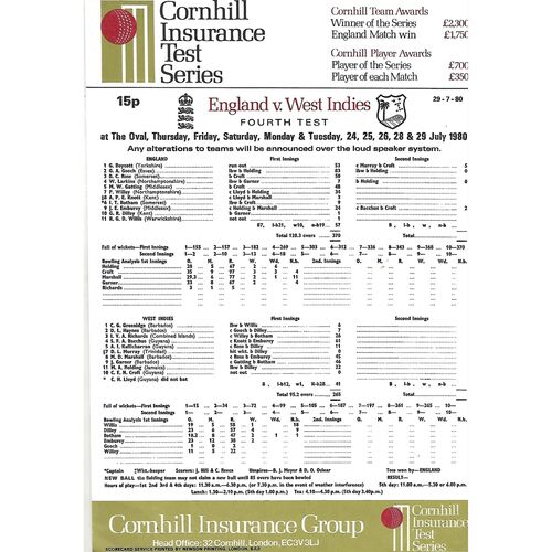 1980 England v West Indies 4th Test Match (24-29/07/1980) Cricket Scorecard & Match Ticket