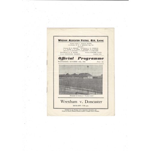 1961/62 Wrexham v Doncaster Rovers Football Programme