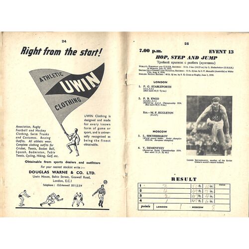1954 London v Moscow International Floodlit White City Stadium (13/10/1954) Athletics Programme