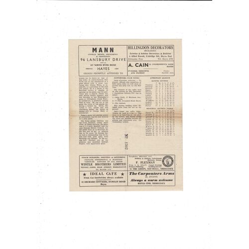 1953/54 Hayes v Walthamstow Avenue London Senior Cup Football Programme