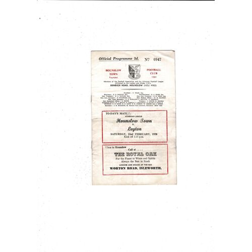 1957/58 Hounslow Town v Leyton Football Programme