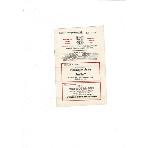 1957/58 Hounslow Town v Southall Football Programme