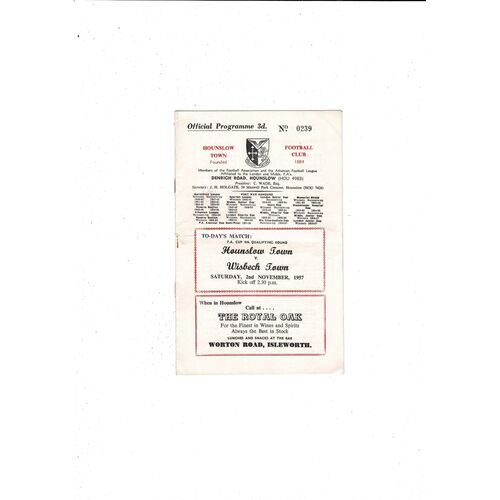 Hounslow Town v Wisbech Town FA Cup Football Programme 1957/58