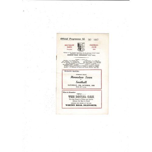 1958/59 Hounslow Town v Southall Football Programme