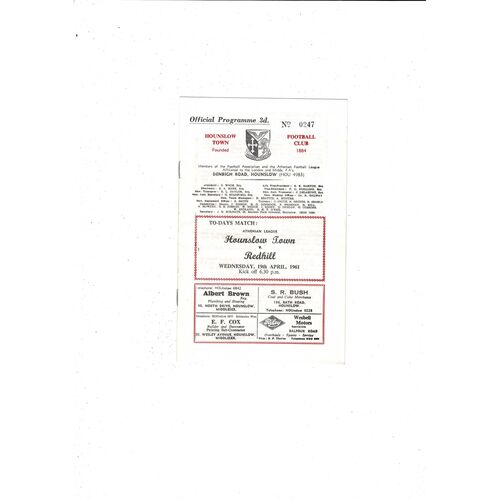 1960/61 Hounslow v Redhill Football Programme