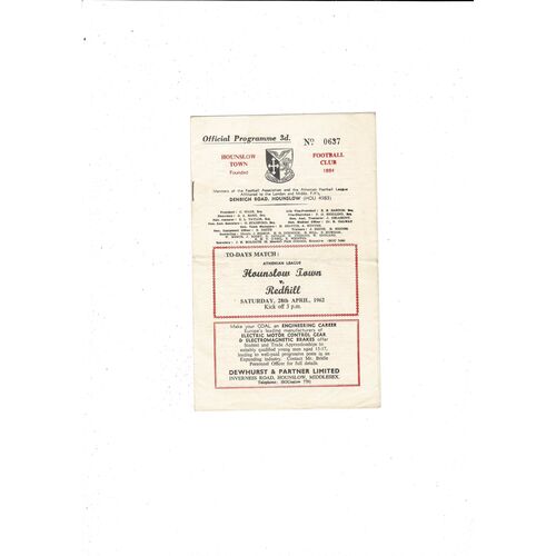 1961/62 Hounslow v Redhill Football Programme