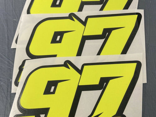 3 X Custom Race Numbers Vinyl Stickers/Decals - Fluorescent Day-Glo Neon Yellow