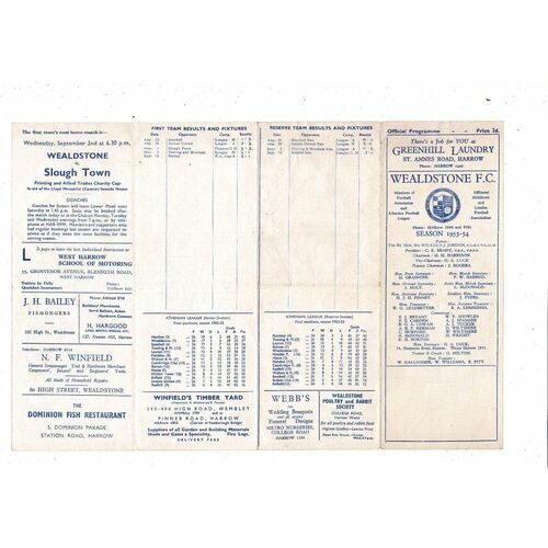 1953/54 Wealdstone v Southall Football Programme