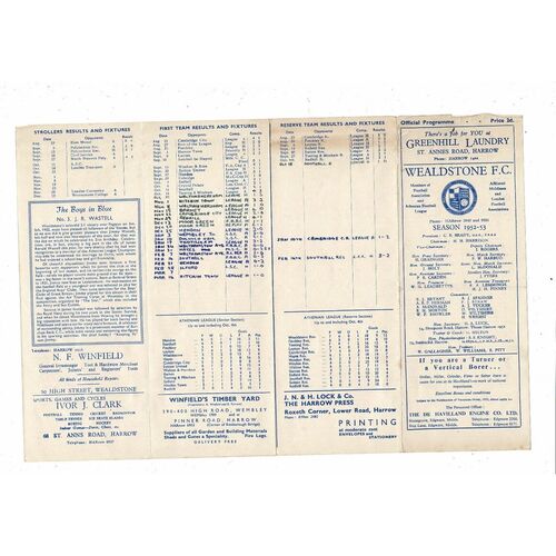 1952/53 Wealdstone v Southall Football Programme