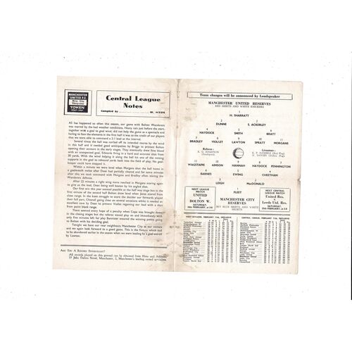 Manchester United v Manchester City Central League Football Programme 1960/61